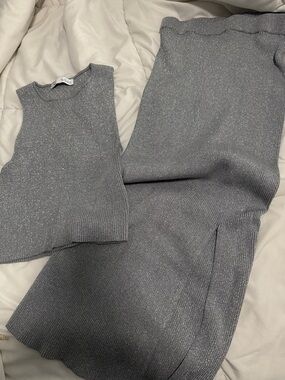 Zara Women's Silver Knit Two-Piece Set - Sleeveless Top & Skirt